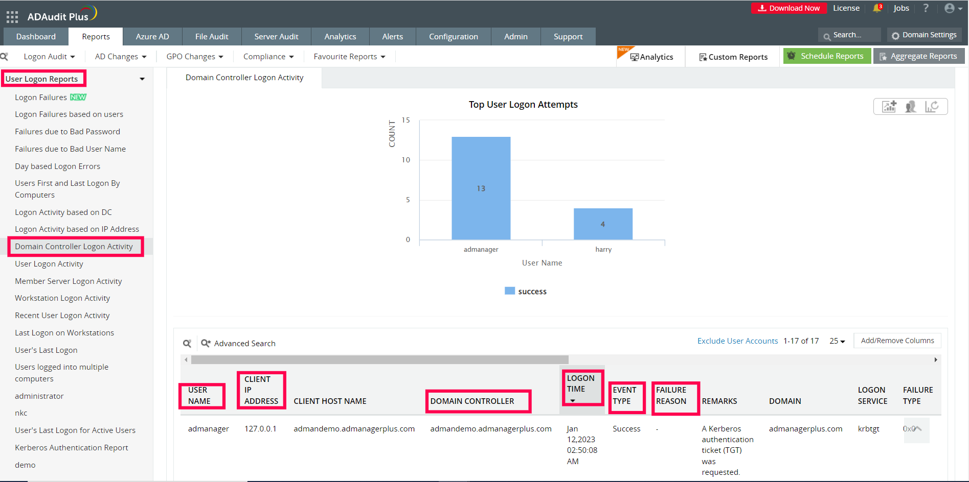 ADAudit Plus User Logon Reports Part 4 Audit Domain Controller Logon