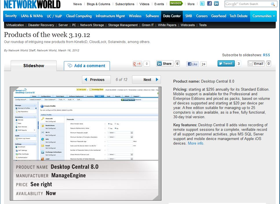 Desktop Central on Network World Product of the Week