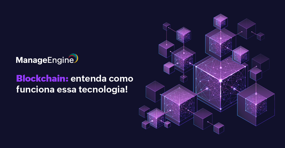 imagem com fundo roxo e alguns blocos em 3d representando o blockchain