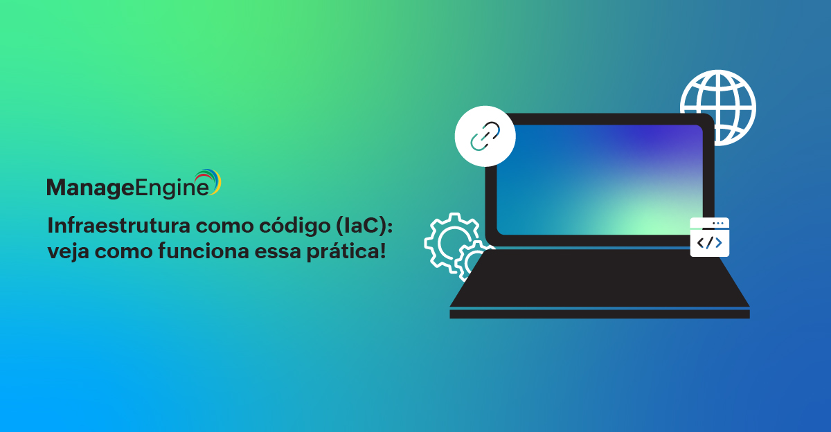 imagem com fundo degrade azul e verde. Do lado direito há um notebook preto e do lado esquerdo o título do vídeo.