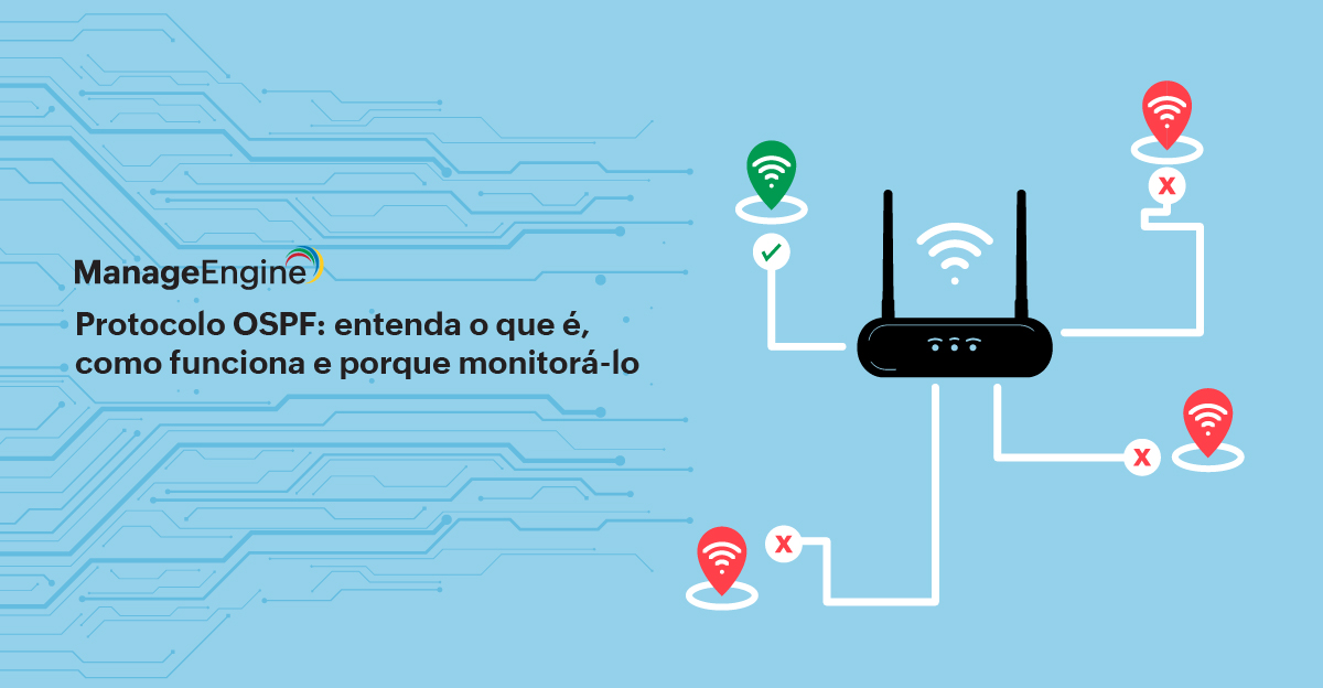 imagem com fundo azul claro. Do lado direito há um roteador indicando caminhos de conexão através de setas e símbolos positivos. Do lado esquerdo está escrito na cor preta o título do texto - Protocolo OSPF: entenda o que é, como funciona e porque mon.