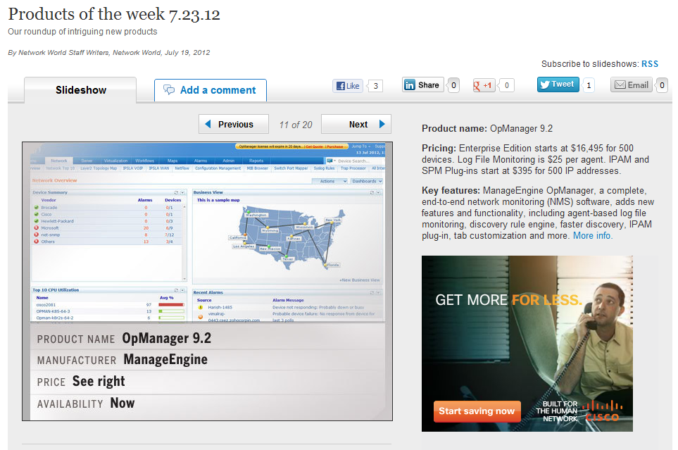 NetworkWorld.com - Product of the week July'12 - OpManager v9.2