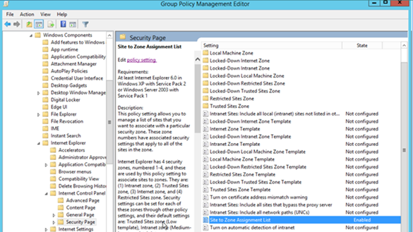 internet explorer group policy site to zone assignment list