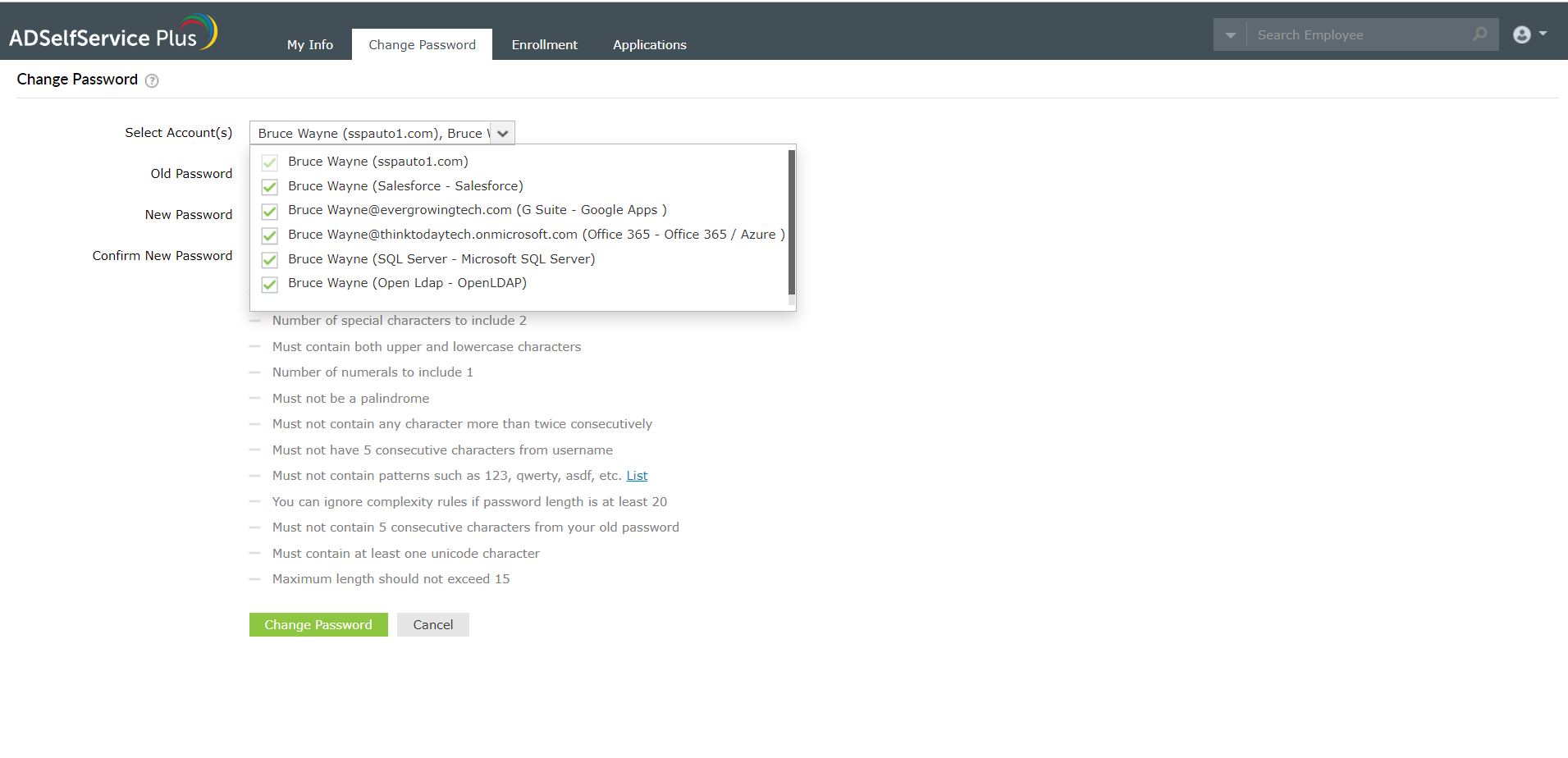 Password Policy Requirements in Change Password Screen