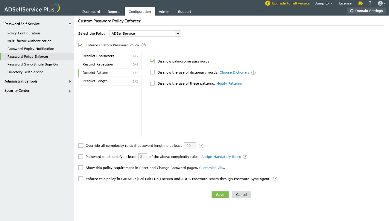 ConfiguraÃ§Ãµes de regra do dicionÃ¡rio ADSelfService Plus