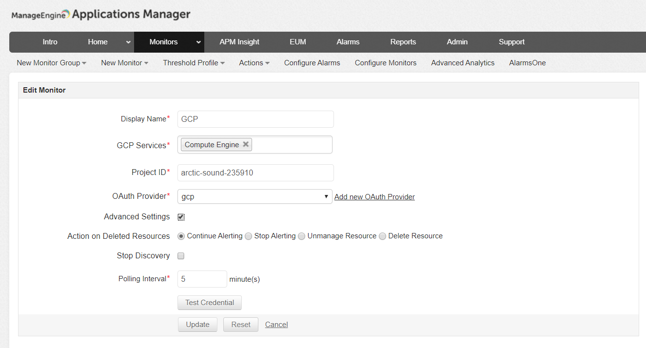 Google Cloud Platform Monitoring - Gerenciador de aplicativos do ManageEngine