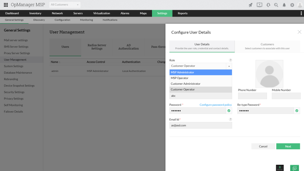 User Management in OpManager MSP