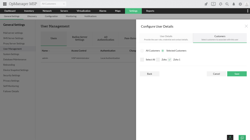 Customer selection in Opmanager MSP