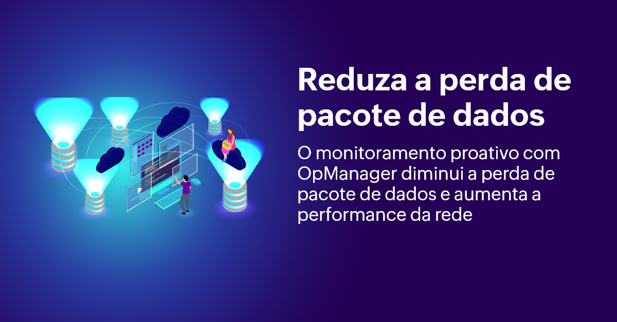 Ilustração de bancos de dados conectados e pessoas utilizando tecnologia para falar sobre perda de pacote de rede