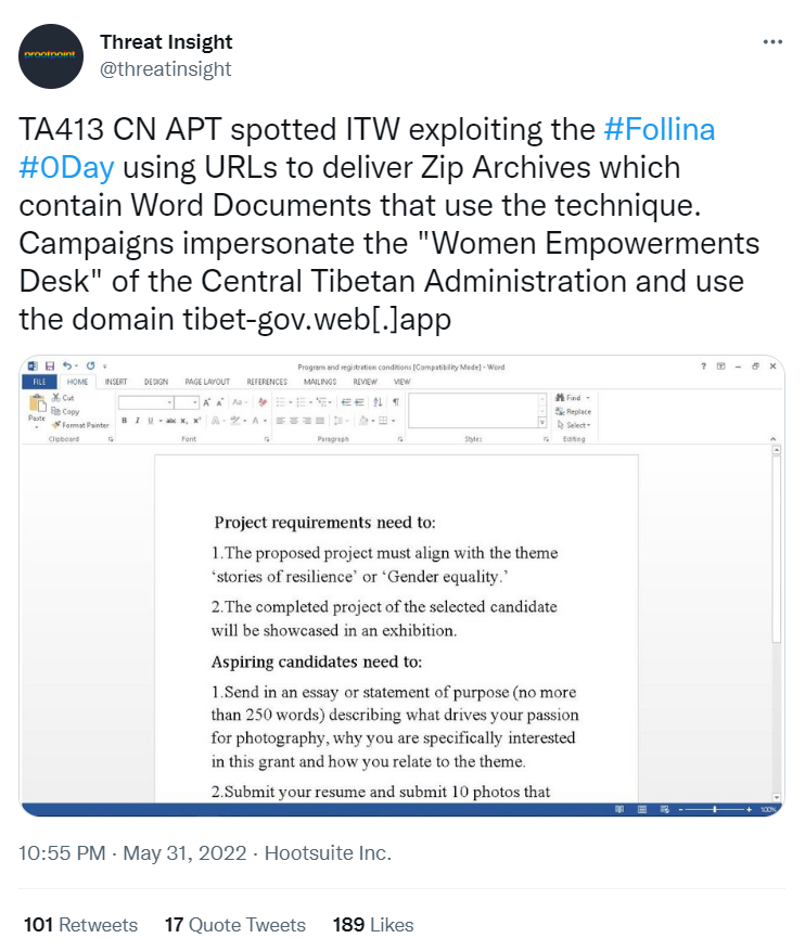 TN413 CN APT exploiting Follina