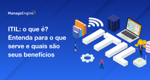 Uma imagem com fundo azul repleta de itens relacionados a internet: computadores, wifi, mercado financeiro e pessoas