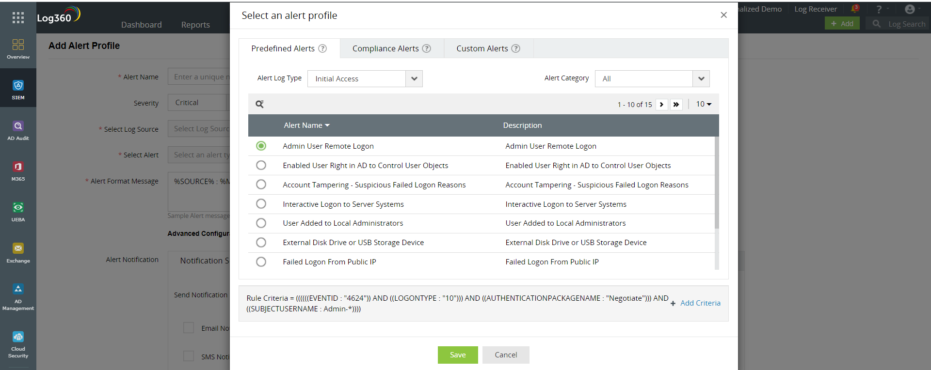 MITRE ATT&CK alert profiles in Log360