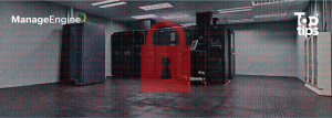 Imagem representando uma infraestrutura de TI sendo protegida por códigos, e um cadeado vermelho fechado em frente a imagem para simbolizar que está seguro.