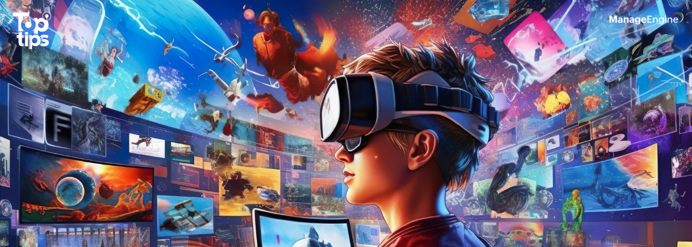 Imagem ilustrando um menino usando óculos de realidade virtual, onde ele consegue enxergar diversas simulações.