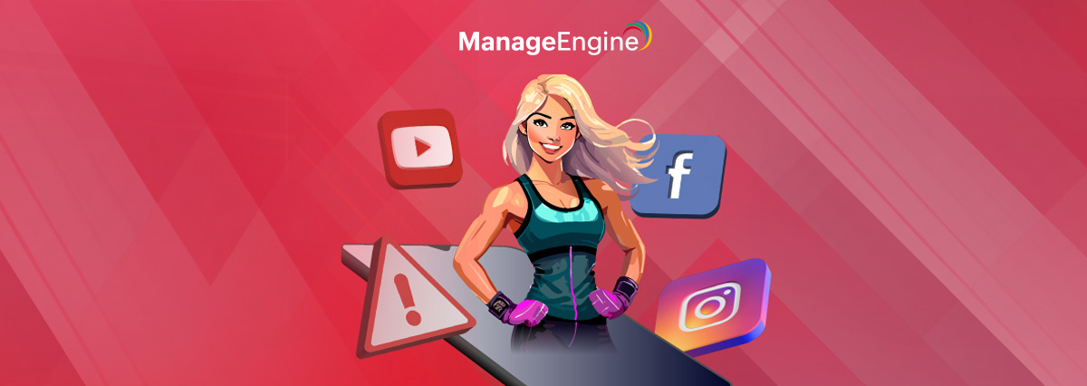 Imagem ilustrando uma garota com roupas de treino em meio aos ícones de redes sociais