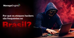 Fundo de fumaça vermelha, com uma pessoa de capuz e máscara em frente a um notebook e o título: Por que os ataques hackers são frequentes no Brasil?