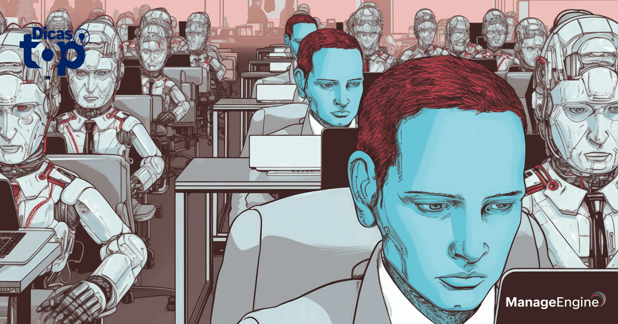 Imagem ilustrativa representando robôs e humanos sentados em mesas de um escritório corporativo.