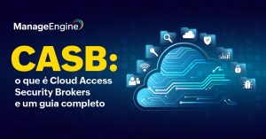 Fundo azul escuro com degradê e símbolos de segurança e o título ao lado: CASB: o que é Cloud Access Security Brokers e um guia completo, com CASB em destaque em amarelo.