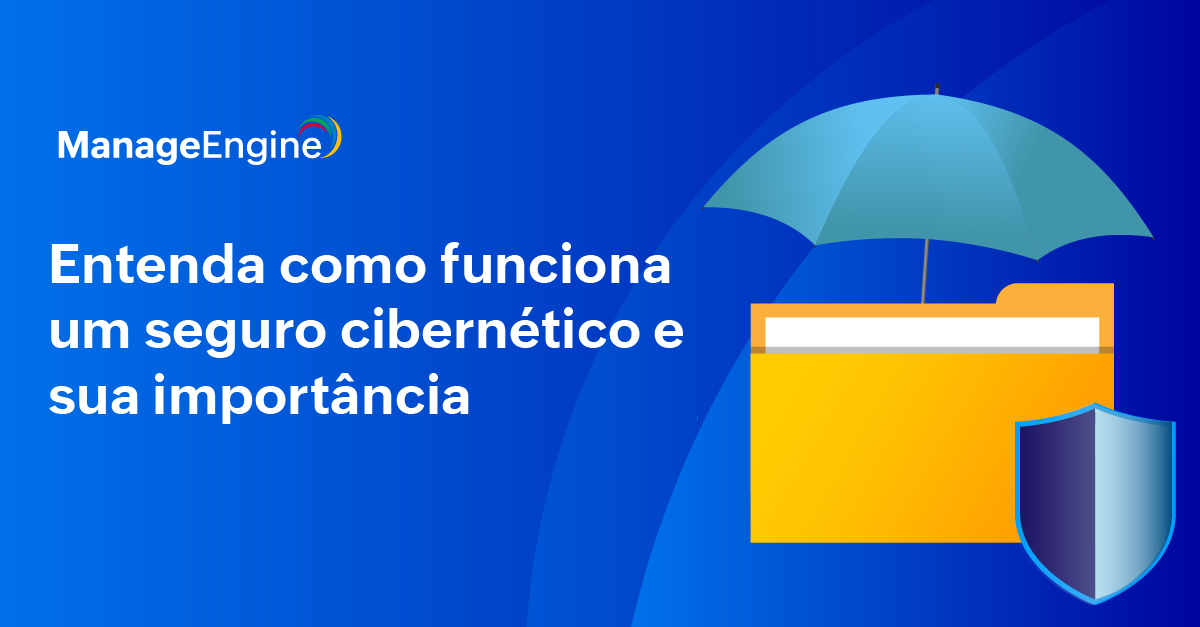 Imagem com fundo azul com a frase "Entenda como funciona um seguro cibernético e sua importância" escrito e um desenho de documentos de computador.