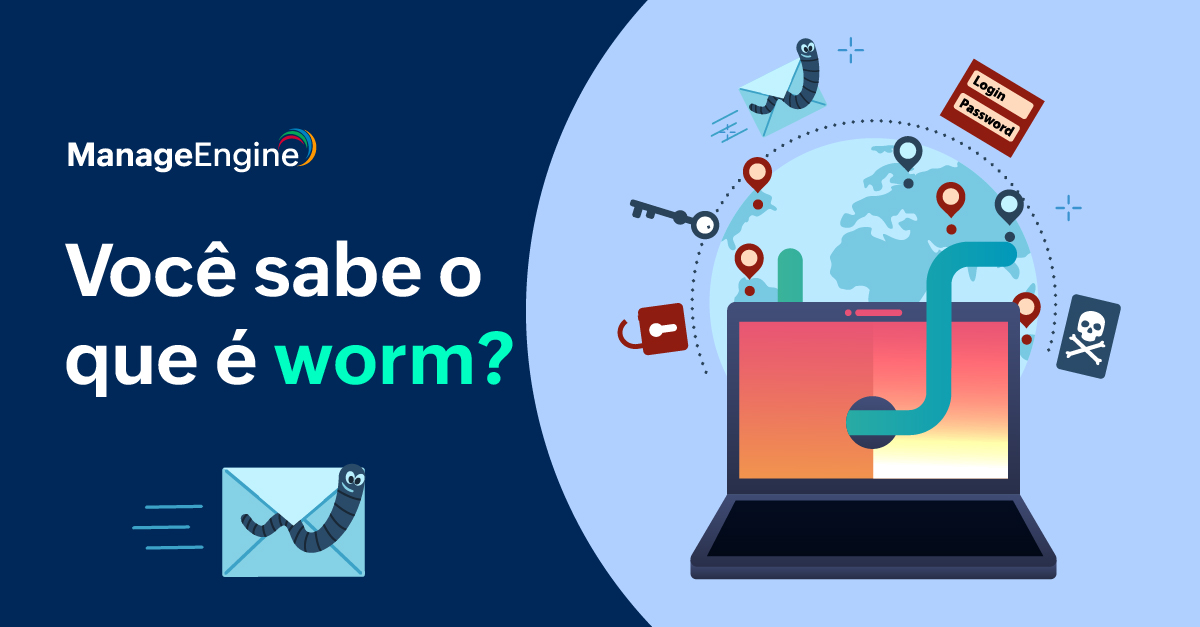 Imagem com o texto "Você sabe o que é worm?" e uma ilustração de um notebook com um verme saindo da tela. Um globo atrás com com componentes de tecnologia, como cadeado, chave, envelope. 