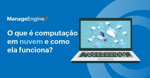 Fundo azul com um notebook com a ilustração de uma nuvem e dispositivos dentro da tela. Ao lado, o título O que é computação em nuvem e como ela funciona?