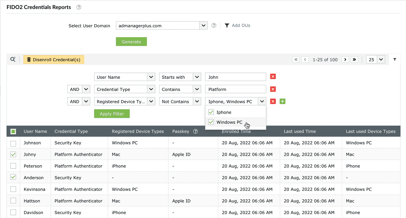 Configurations personnalisables de l'authentificateur FIDO2 dans ADSelfService Plus.