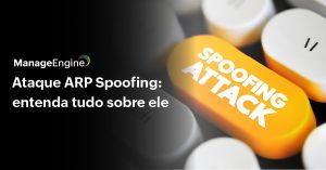 Fundo preto que vai desaparecendo, teclas de teclado brancas e uma laranja escrito spoofing attack. Ao lado, o título: Ataque ARP Spoofing: entenda tudo sobre ele