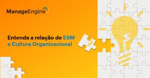 Imagem com fundo laranja. No lado direito há um quebra-cabeça representando uma lâmpada. E à esquerda está escrito: Entenda a relação de ESM e Cultura organizacional