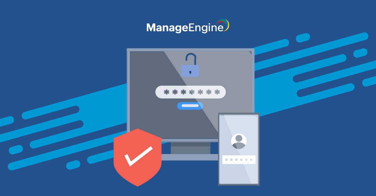 Imagem ilustrando um computador contendo os caracteres de senha e um cadeado, com um símbolo de verificação na frente e ao lado um celular contendo a credencial do usuário.