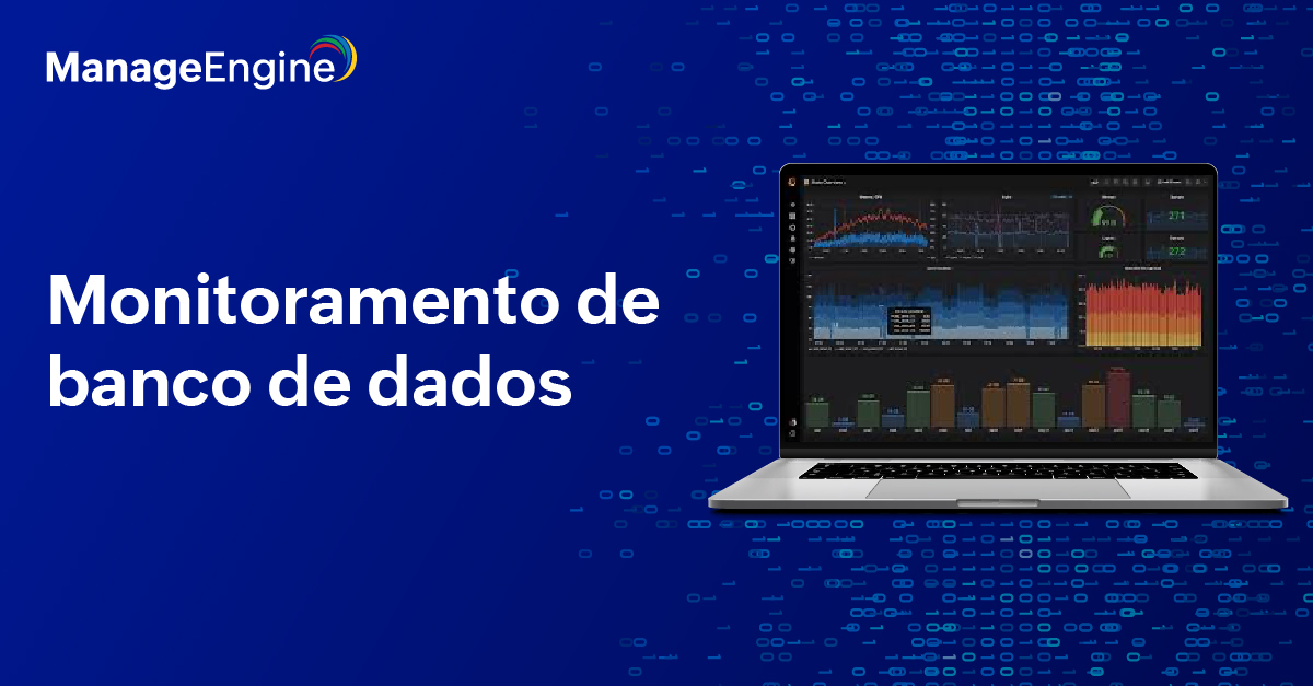 Imagem predominantemente azul, com um notebook aberto do lado direito, com gráficos de diversos tipos em sua tela. Do lado esquerdo, o título "Monitoramento de banco de dados".