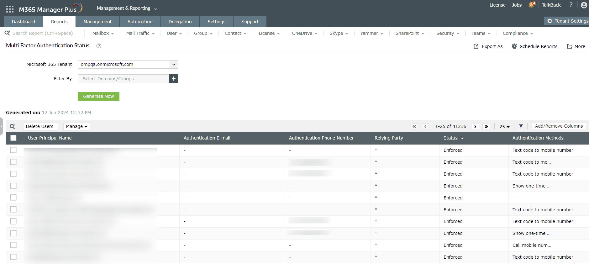 The Multi Factor Authentication Status report in M365 Manager Plus.