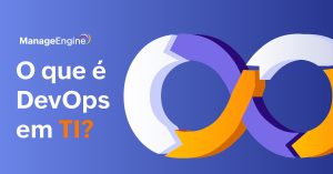 Fundo lilás com o símbolo do infinito em branco, roxo e laranja e ao lado o título: O que é DevOps em TI? Tudo o que você precisa saber!