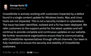 Le PDG de CrowdStrike parle de la mise à jour problématique qui plante les hôtes Windows   