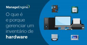 Imagem com o fundo em azul, onde à esquerda temos o título do artigo e à direita temos um computador, impressora, CPU, cartão SSD e outras peças de hardware