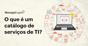 Banner retangular, com olado esquerdo preenchido pelo título "o que é um catálogo de serviços de TI?" e à direita temos um notebook no centro de vários círculos, com ícones diversos relacionados a tecnologia, como nuvens, relatórios, telas, notebooks, etc.