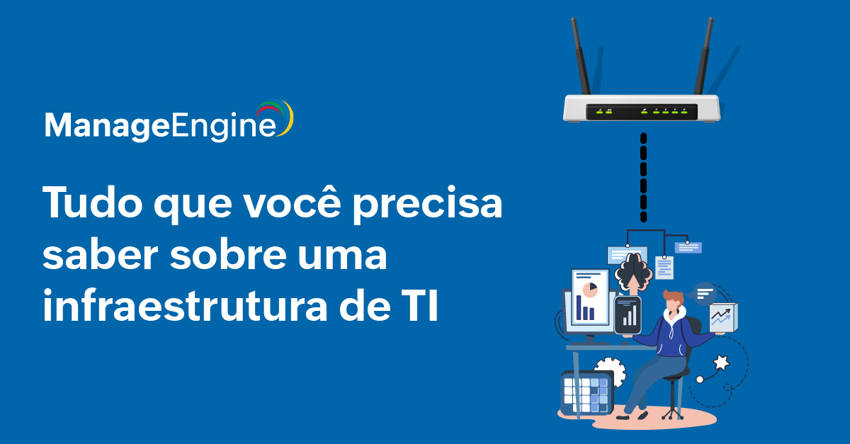 Ao lado esquerdo da imagem temos o título do artigo, e ao lado direito temos a imagem de um homem sentado em uma cadeira, com um computador a sua frente, e ao seu redor temos ícones de planilhas, gráficos, textos. Acima dele temos um roteador com duas antenas para cima.