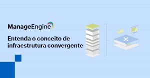 imagem com fundo azul claro, do lado direito há algumas imagens que representam servidores, do lado direito está escrito - Entenda o conceito de infraestrutura convergente - acima está o ManageEngine na cor preta