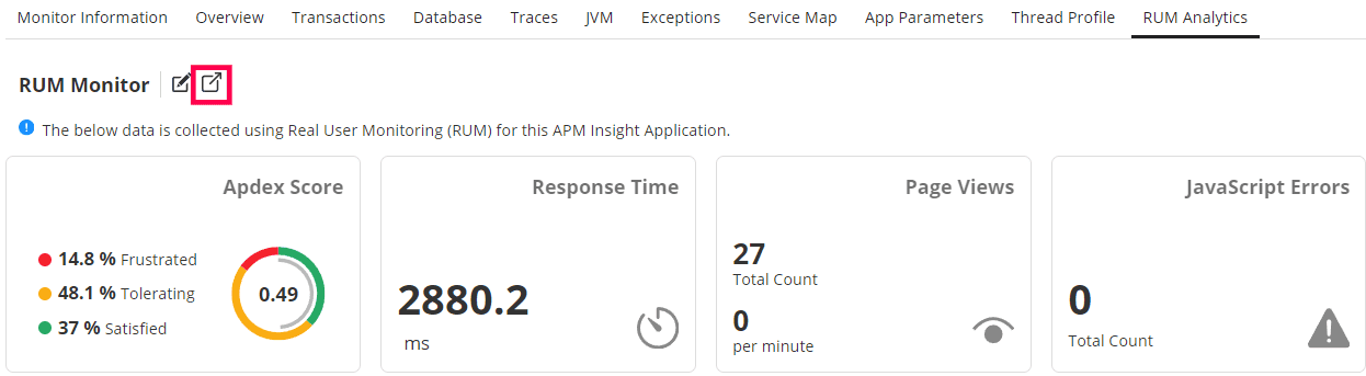 RUM Analytics Dashboard Access Menu