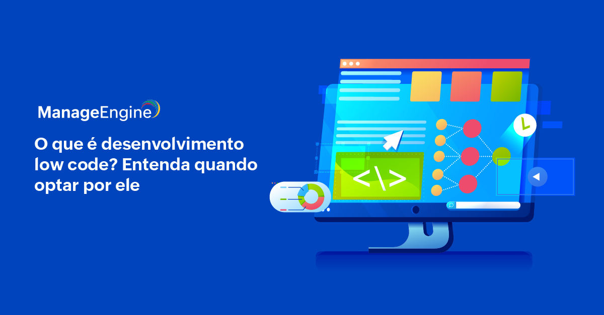 Imagem ilustrativa representando o desenvolvimento low-code de aplicações, com o desenho de um computador.