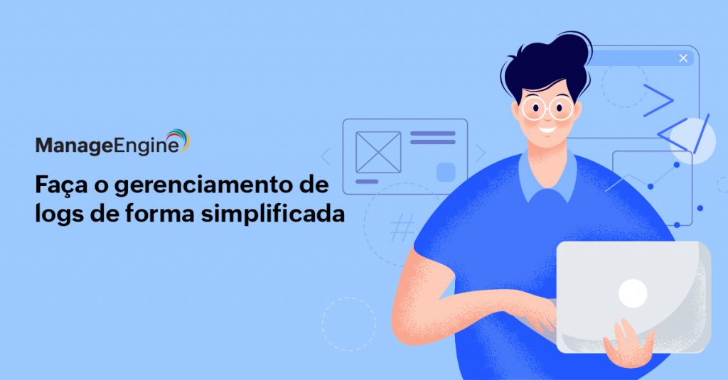 Imagem com o fundo azul e o desenho de um menino segurando um computador lembrando a ideia do gerenciamento de logs